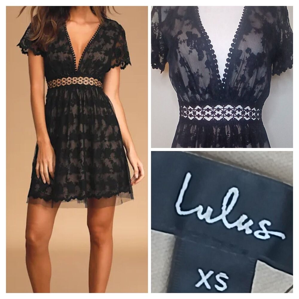 Lulus Dress Sz XS  Black Lace Tulle Cocktail Mini V-neck Crochet Waist NWT